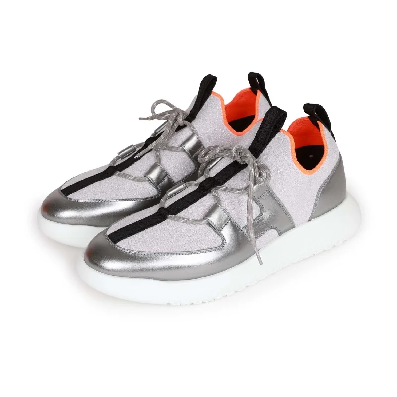 Hermes Duel Sneakers Silver, Black, and Orange Calfskin and Rubber