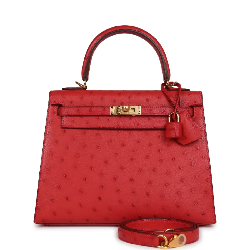 Hermes Special Order (HSS) Kelly Sellier 25 Rouge Vif Verso Ostrich Gold Hardware