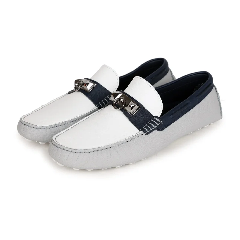 Hermes Irving Loafer White, Bleu Glacier, Bleu Nuit Epsom Palladium Hardware