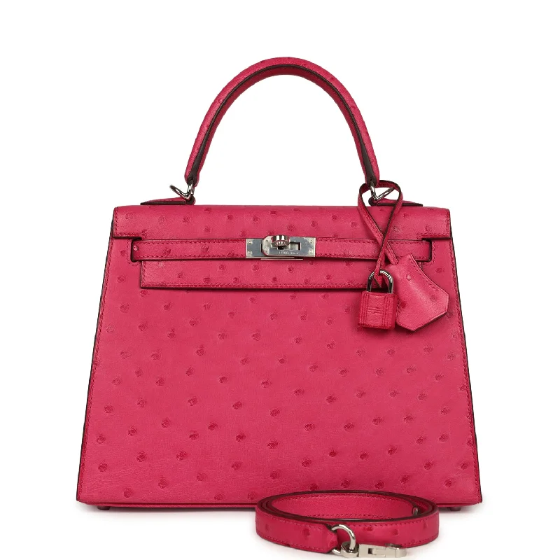 Hermes Kelly Sellier 25 Rose Tyrien Ostrich Palladium Hardware