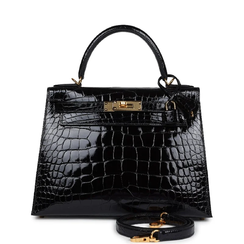 Hermes Kelly Sellier 28 Black Shiny Alligator Gold Hardware