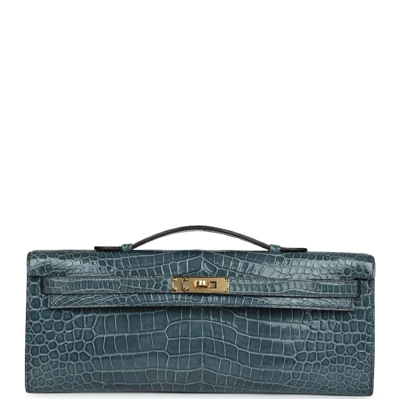 Hermes Kelly Cut Colvert Shiny Porosus Crocodile Gold Hardware