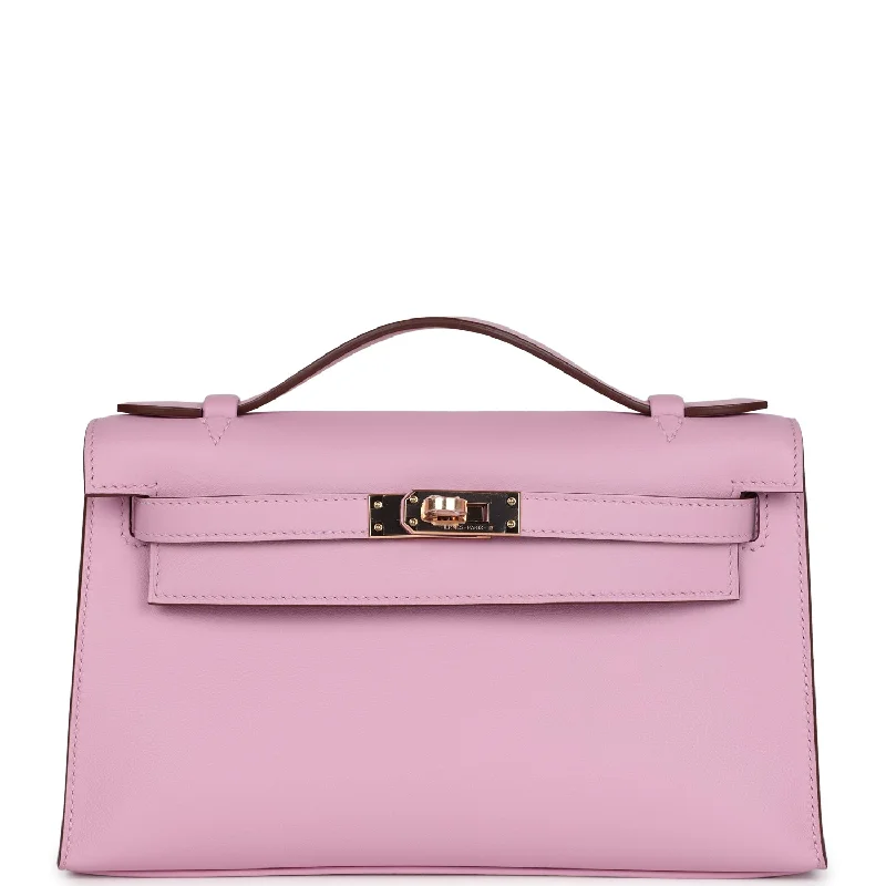 Hermes Kelly Pochette Mauve Sylvestre Swift Rose Gold Hardware