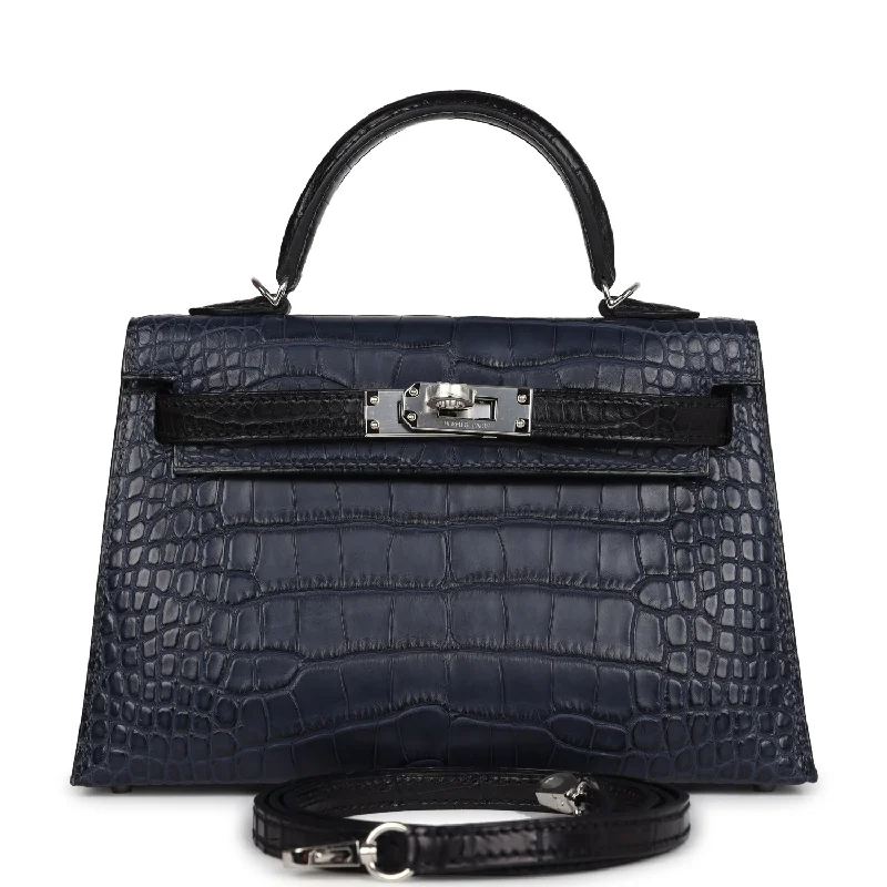 Hermes Special Order (HSS) Kelly Sellier 20 Bleu Indigo and Black Matte Alligator Palladium Hardware