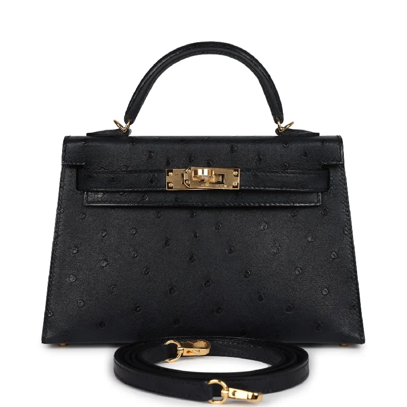 Hermes Kelly Sellier 20 Black Ostrich Gold Hardware