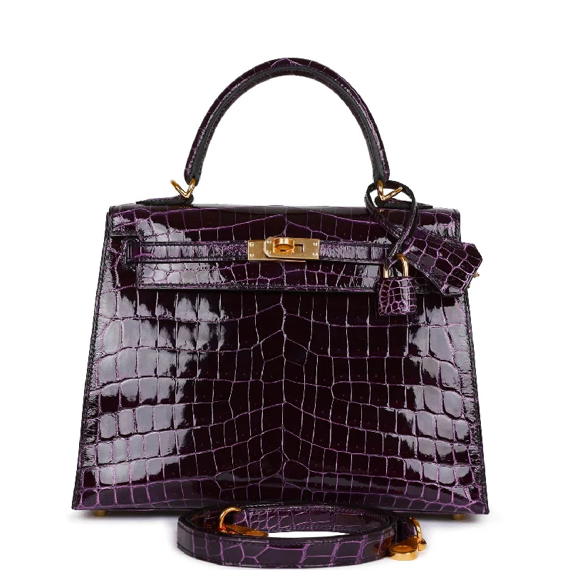 Hermes Kelly Sellier 25 Aubergine Shiny Niloticus Crocodile Gold Hardware