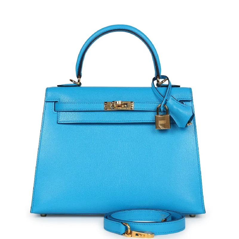 Hermes Kelly Sellier 25 Bleu Frida Chevre Gold Hardware