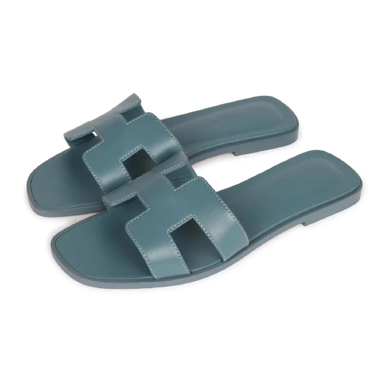 Hermes Oran Sandals Bleu Pinede Calfskin