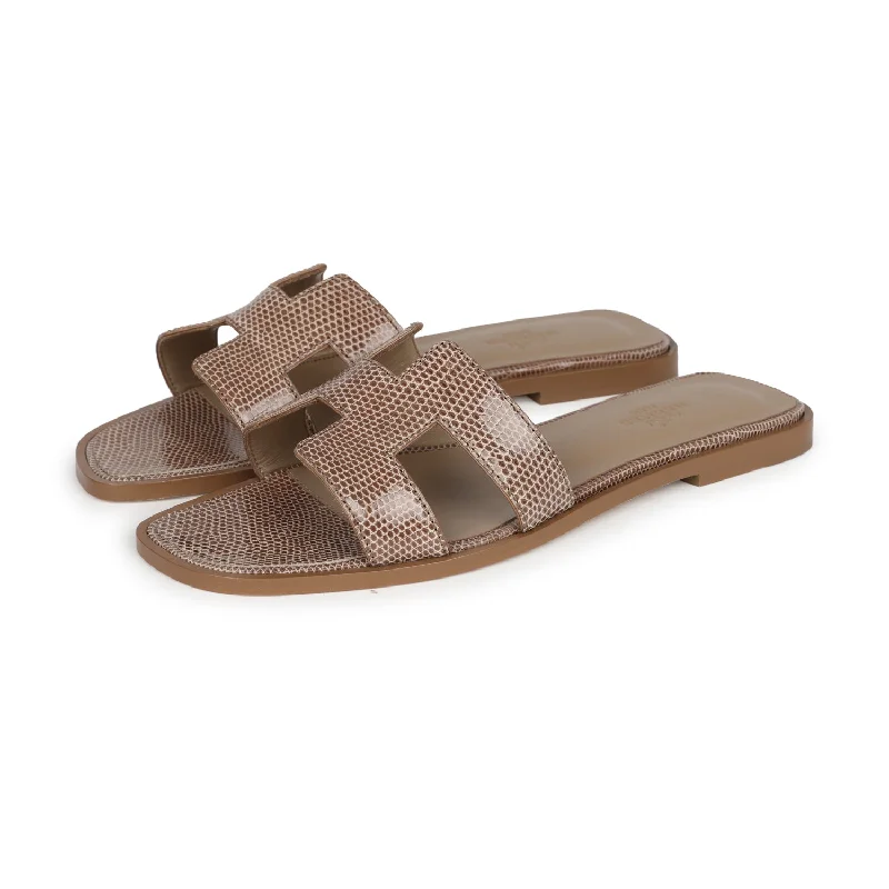 Hermes Oran Sandal Beige Argile Shiny Lizard