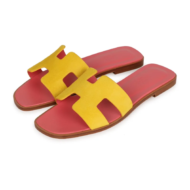 Hermes Oran Sandal Jaune Sable and Rose Azalee Suede Goatskin