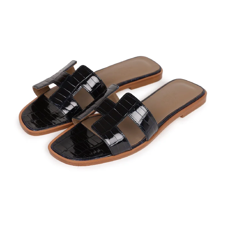 Hermes Oran Sandals Marine Shiny Alligator