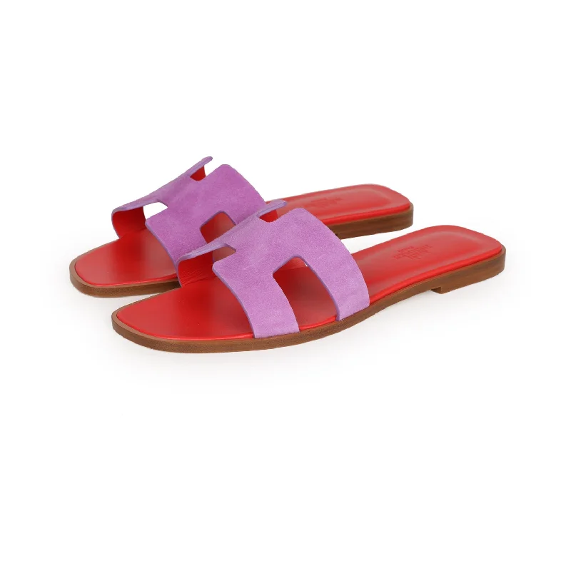 Hermes Oran Sandal Violet Parme and Red Suede Goatskin