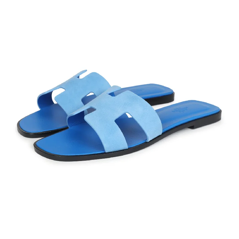 Hermes Oran Sandals Bleu Cameo Suede