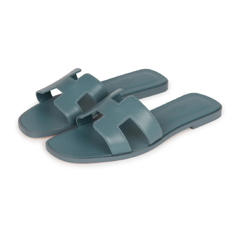 Hermes Oran Sandals Bleu Pinede Box Calfskin