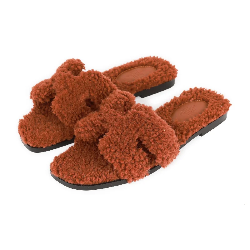 Hermes Oran Sandals Cognac Woolskin