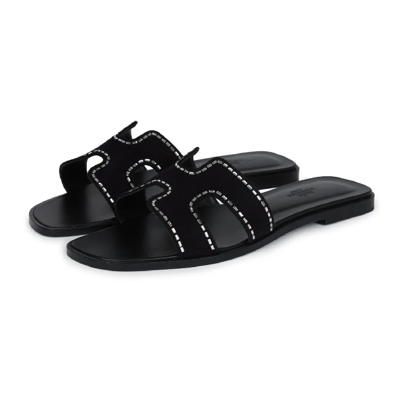 Hermes Oran Sandals Crystal Embellished Black Suede