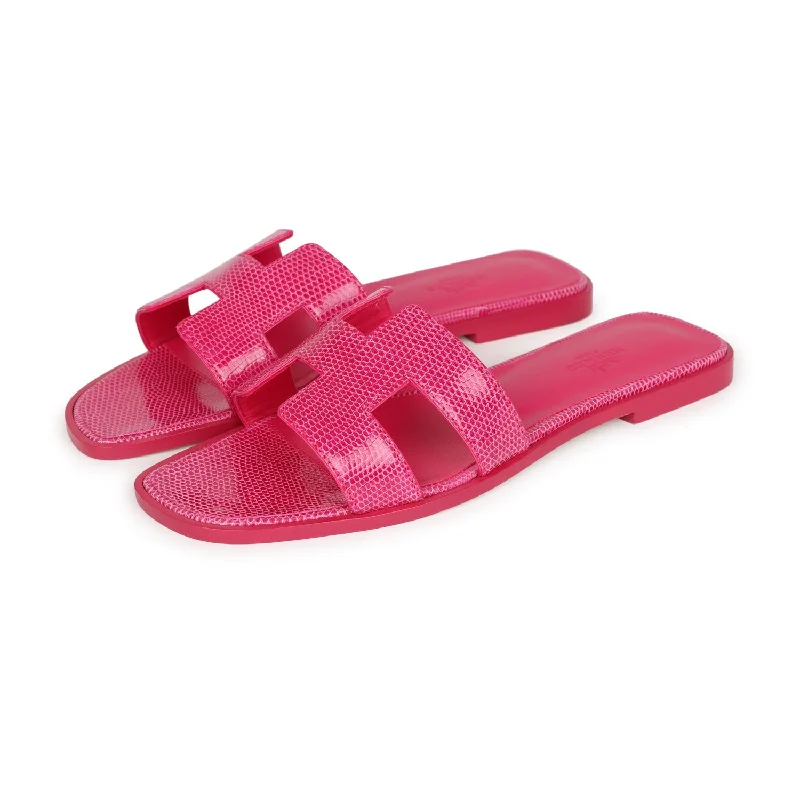 Hermes Oran Sandals Rose Flash Lizard