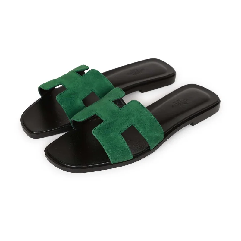 Hermes Oran Sandals Vert Electrique Suede