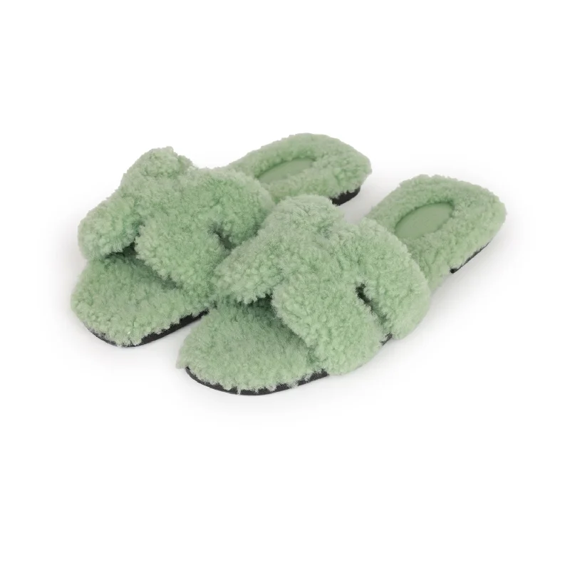 Hermes Oran Sandals Vert D'eau Woolskin