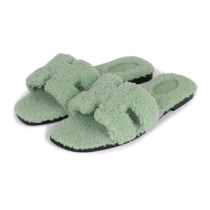 Hermes Oran Sandals Vert D'eau Woolskin