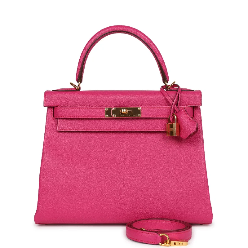 Hermes Kelly Retourne 28 Rose Shocking Chevre Gold Hardware