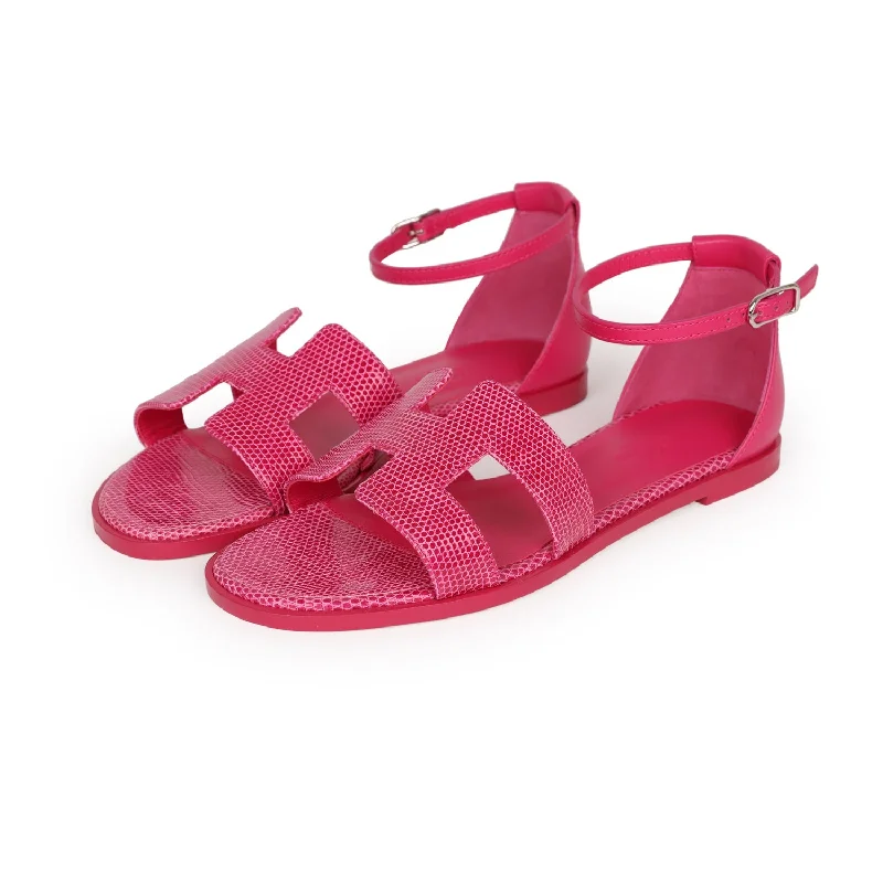 Hermes Santorini Sandals Rose Flash Lizard Palladium Hardware