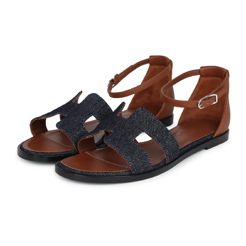 Hermes Santorini Sandals Bleu Brut Denim Palladium Hardware