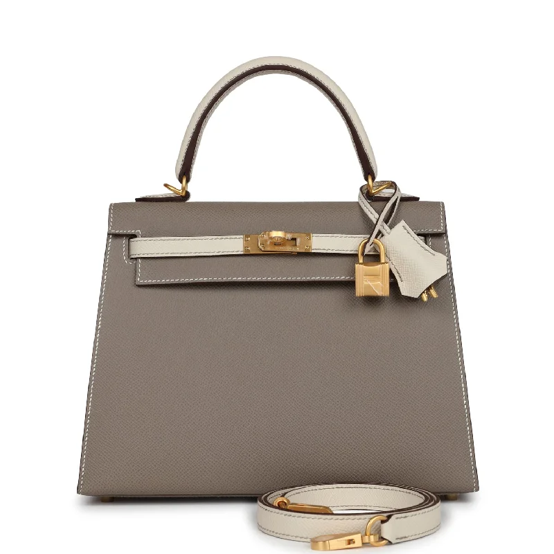 Hermes Special Order (HSS) Kelly Sellier 25 Etoupe and Craie Epsom Brushed Gold Hardware