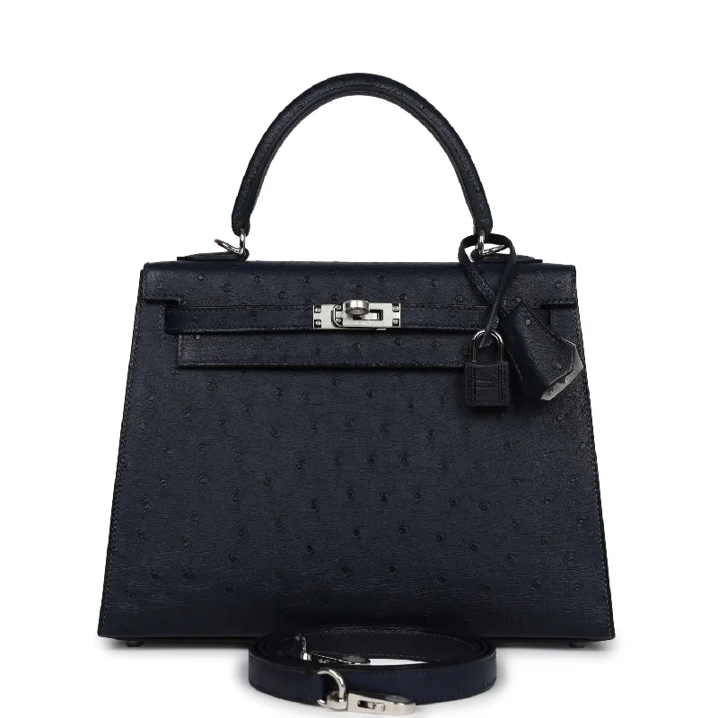 Hermes Special Order (HSS) Kelly Sellier 25 Bleu Indigo Verso Ostrich Palladium Hardware