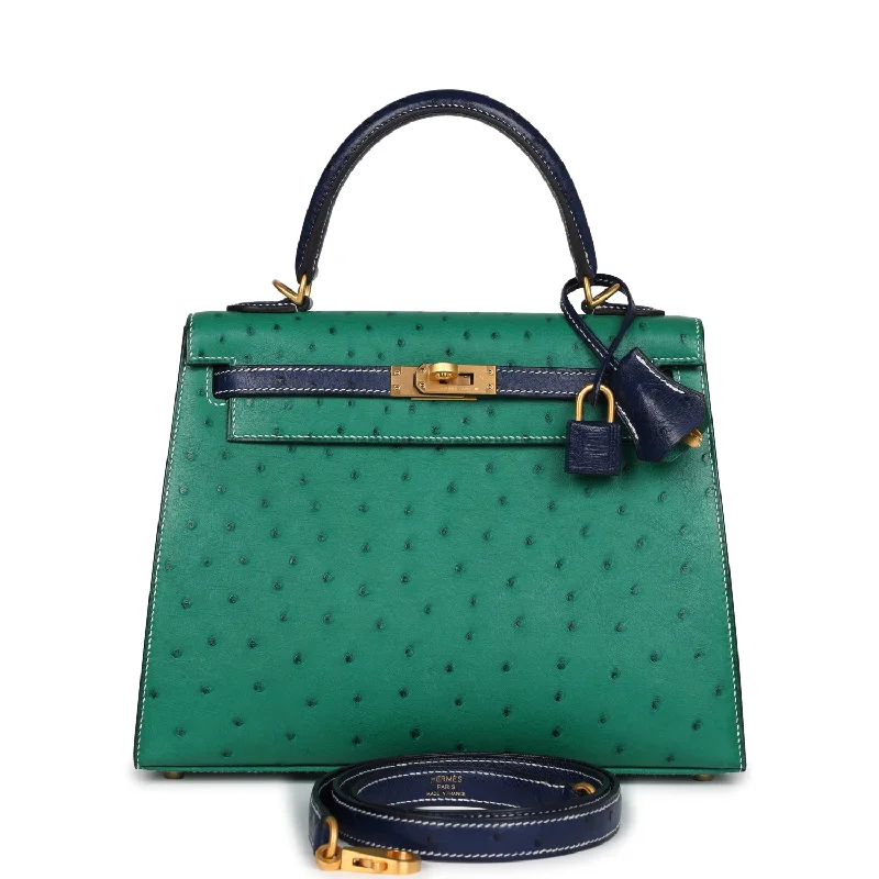 Hermes Special Order (HSS) Kelly Sellier 25 Vert Vertigo and Bleu Iris Ostrich Brushed Gold Hardware