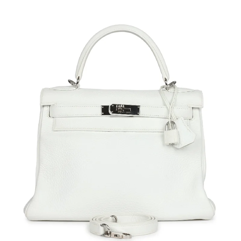 Vintage Hermes Kelly Retourne 28 White Clemence Palladium Hardware