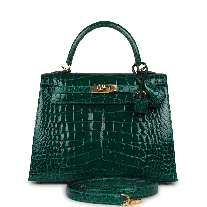 Hermes Kelly Sellier 25 Emerald Shiny Alligator Gold Hardware