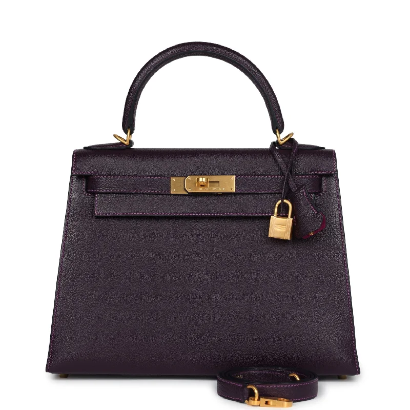 Hermes Special Order (HSS) Kelly Sellier 28 Raisin Verso Chevre Brushed Gold Hardware