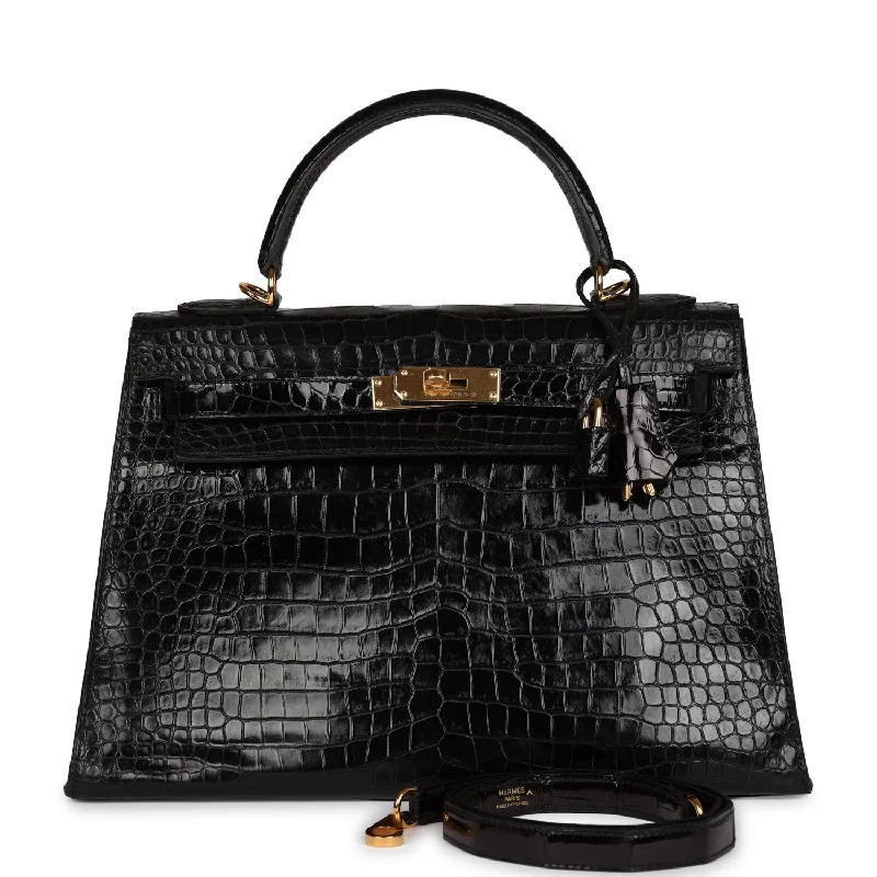 Vintage Hermes Kelly Sellier 32 Black Shiny Porosus Crocodile Gold Hardware